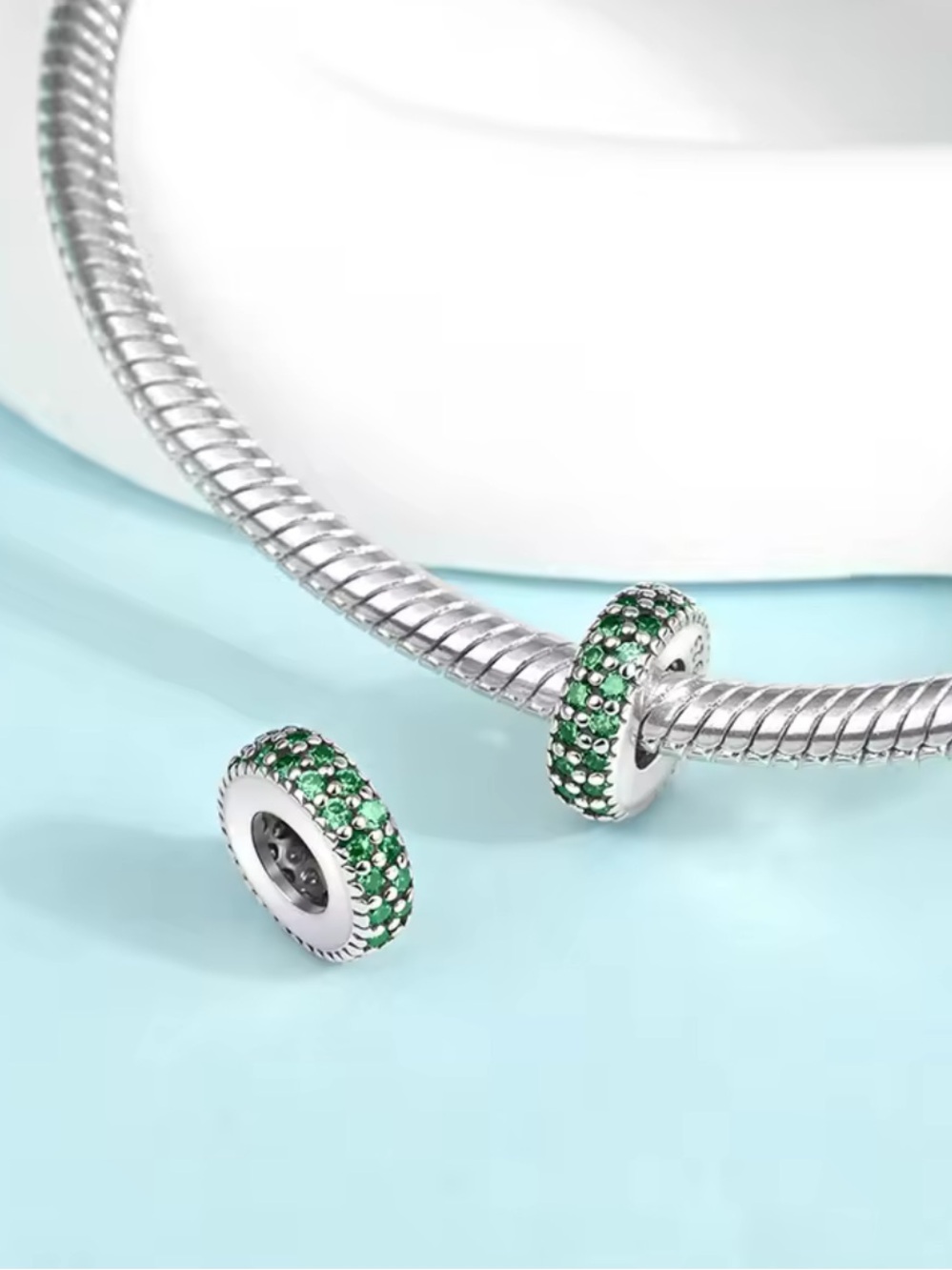 Pandora Silver Rondelle Charm with Green Crystals